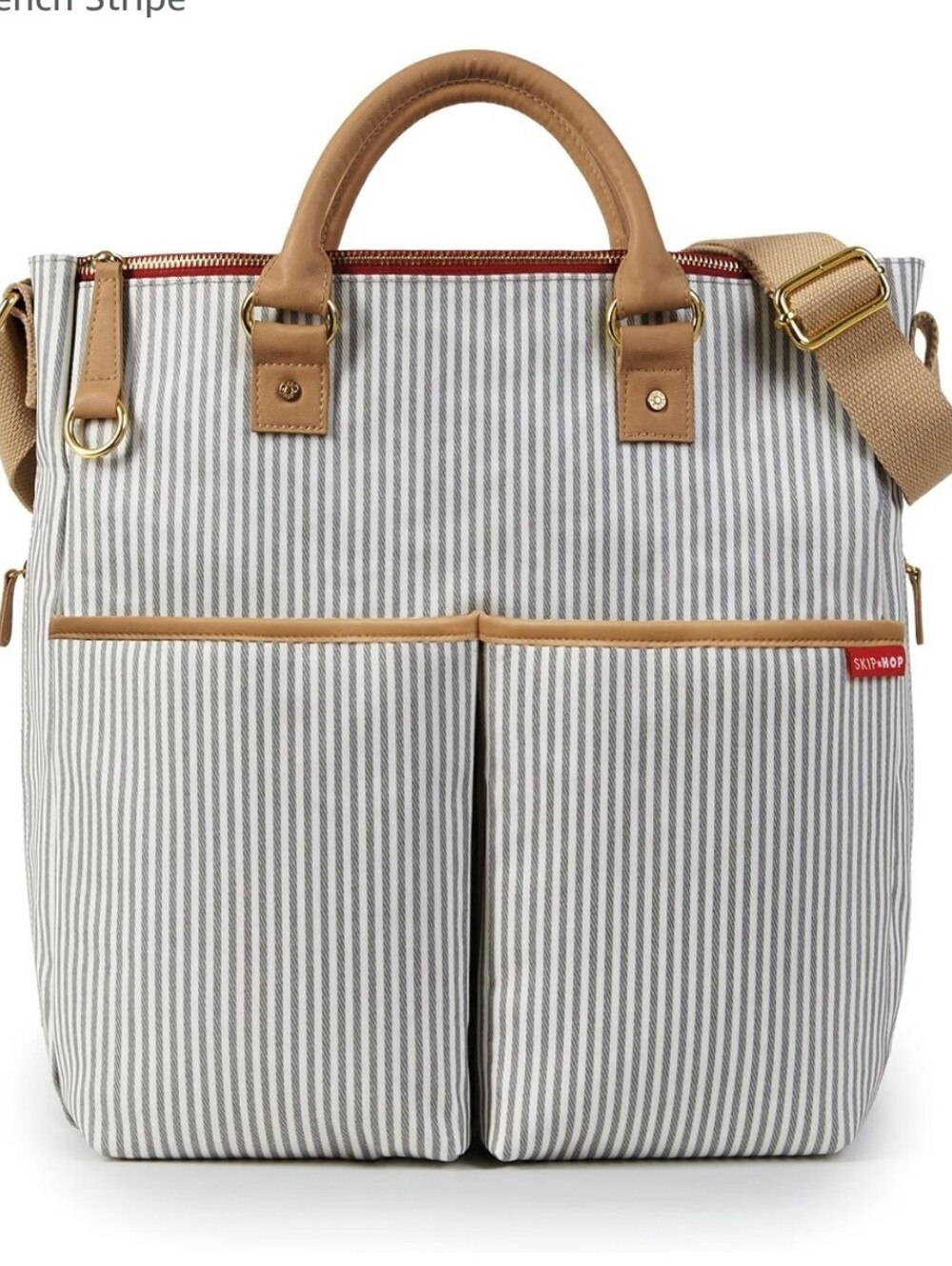 SKIP HOP Cream & Tan Striped DIAPER BAG with Red Zip Accents